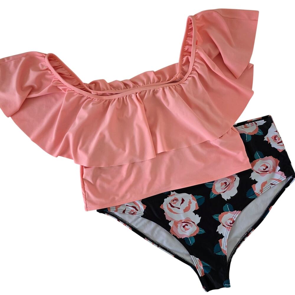Two Piece Floral Ruffle Bikini Set Peach Black Womens Size XXL